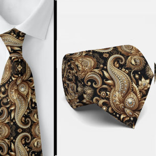 Luxury Black White Gold Paisley Diamond Neck Tie