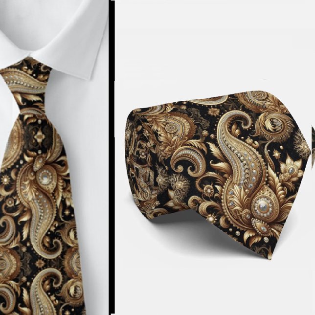 Luxury Black White Gold Paisley Diamond Neck Tie (Creator Uploaded)