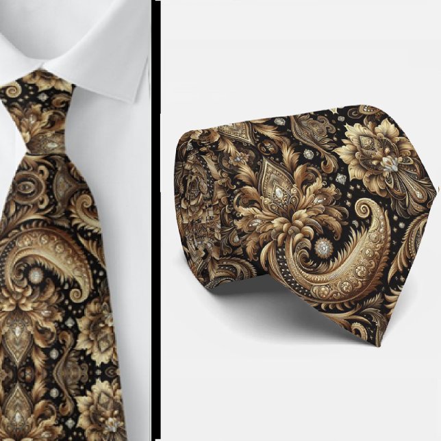Luxury Black White Gold Paisley Diamond Neck Tie (Creator Uploaded)