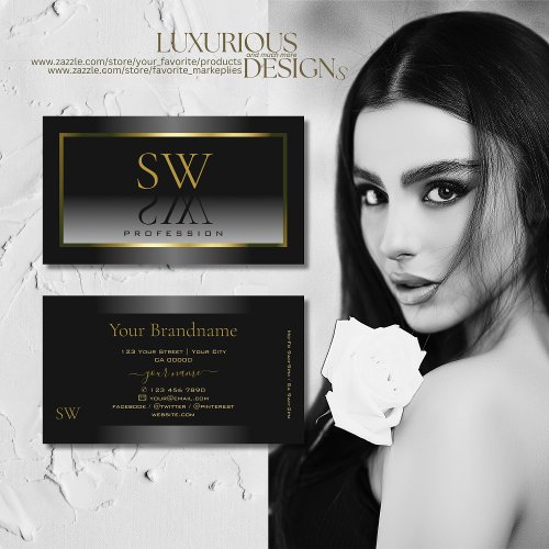Luxury Black White Gradient Gold Frame Monogram Business Card