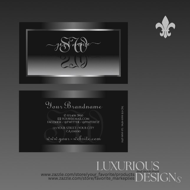 Luxury Black White Gradient Silver Frame Initials Business Card (Creator Uploaded)