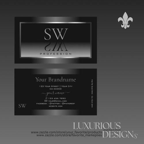 Luxury Black White Gradient Silver Frame Monogram Business Card