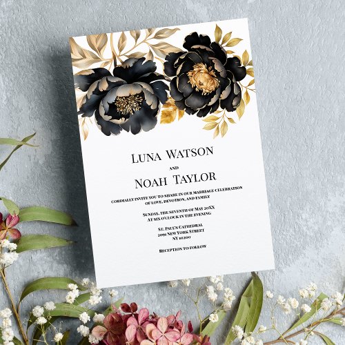 Luxury black white ivory gold peony floral Wedding Invitation