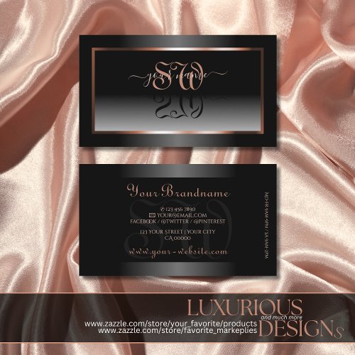 Luxury Black White Ombre Rose Gold Frame Initials Business Card