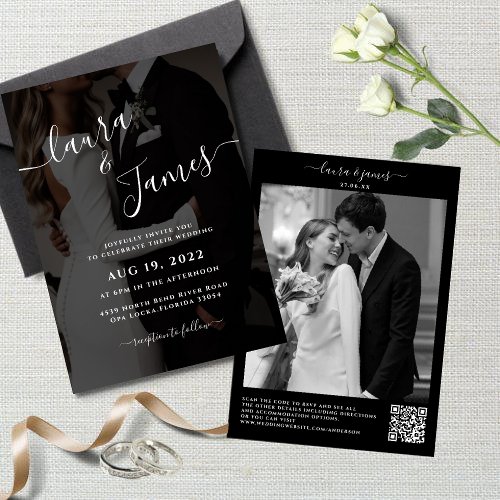 Luxury Black  White Photo QR Code Classy Wedding Invitation