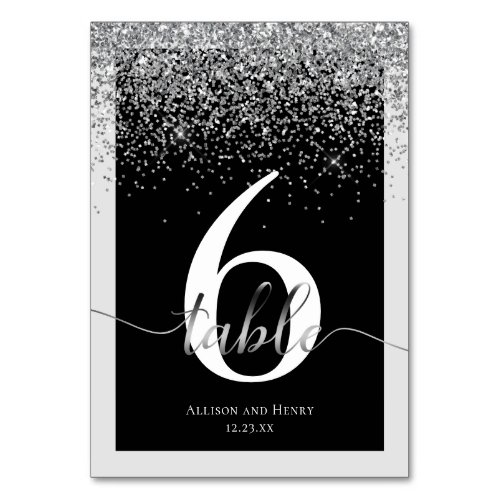 Luxury Black White Typography Glitter Wedding Table Number