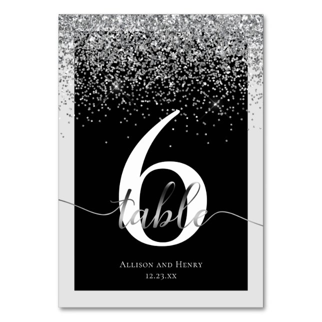 Luxury Black White Typography Glitter Wedding Table Number (Front)