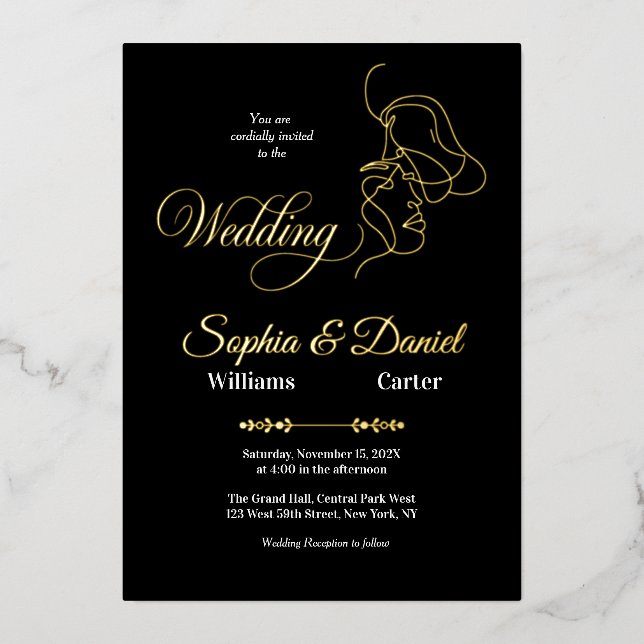 Luxury Black & White Wedding Chic Artistic Couple  Foil Invitation (Front)