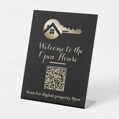 Luxury Black with Gold Key QR Code Real Estate Pedestal Sign