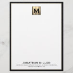 Luxury Black with Gold Monogram Letterhead<br><div class="desc">Elevate your professional correspondence with our personalized luxury monogram letterhead featuring a square brushed metal emblem with your name and contact information in classic block typography at the bottom,  trimmed in black leather print. The clean and sophisticated design will impress clients and colleagues alike.</div>