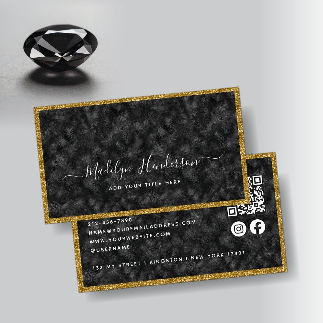 Luxury Black Zircon Gold QR Code Social Media Business Card (Creator Uploaded)