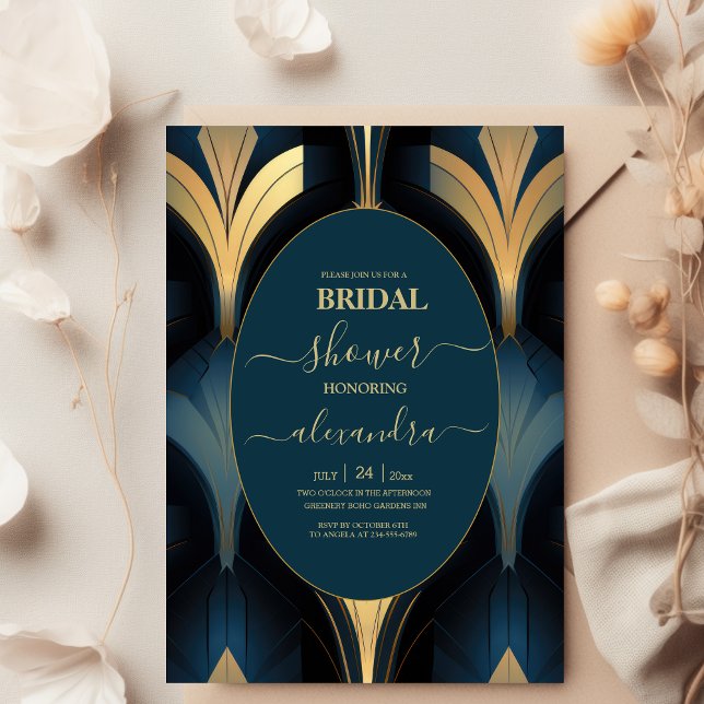 Luxury Blue and Gold Art Deco Bridal Invitation (Creator Uploaded)