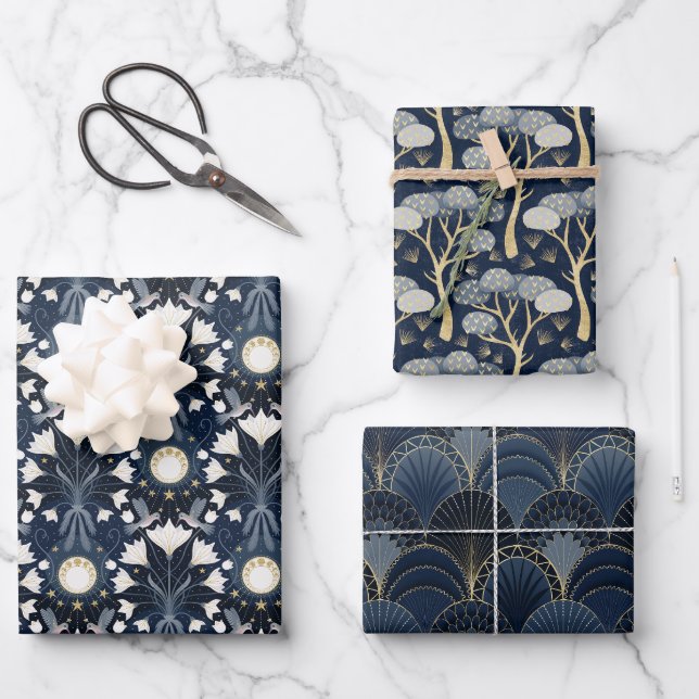 Luxury Blue and Gold Art Deco Pattern Wrapping Paper Sheets (Front)