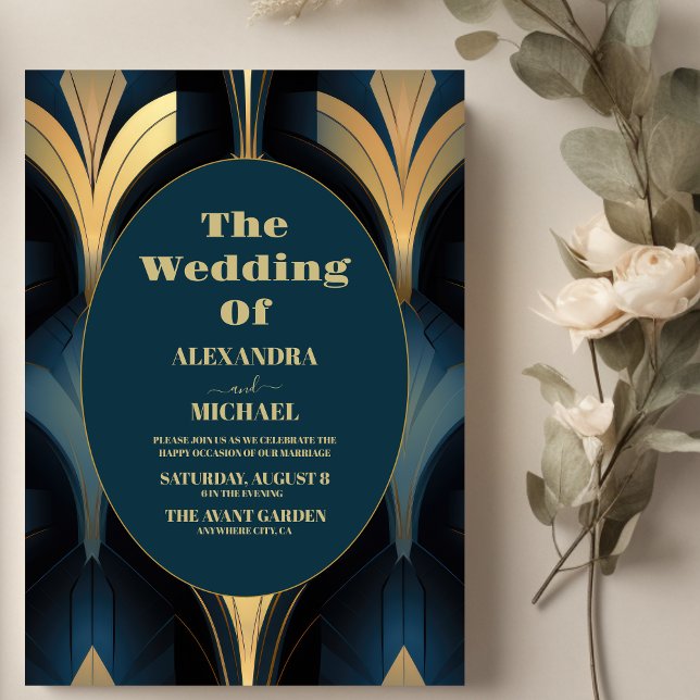 Luxury Blue and Gold Art Deco Wedding  Invitation (Creator Uploaded)