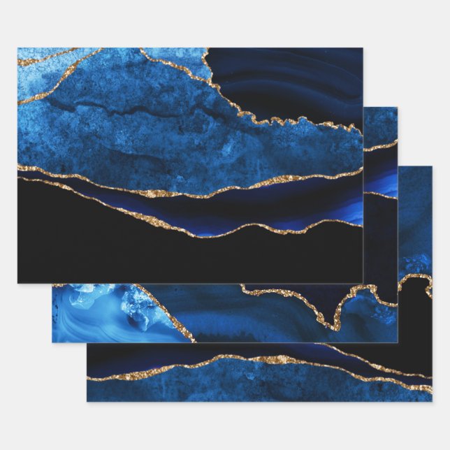 Luxury Blue and Gold Glitter Agate Birthday Wrapping Paper Sheets (Set)