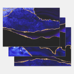 Luxury Blue and Gold Glitter Agate Birthday Wrapping Paper Sheets