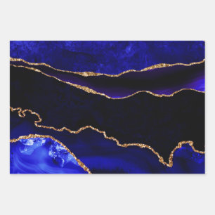 Luxury Blue and Gold Glitter Agate Happy Birthday Wrapping Paper Sheets
