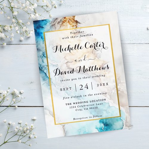 Luxury Blue And Gold Marble Wedding Invitation
