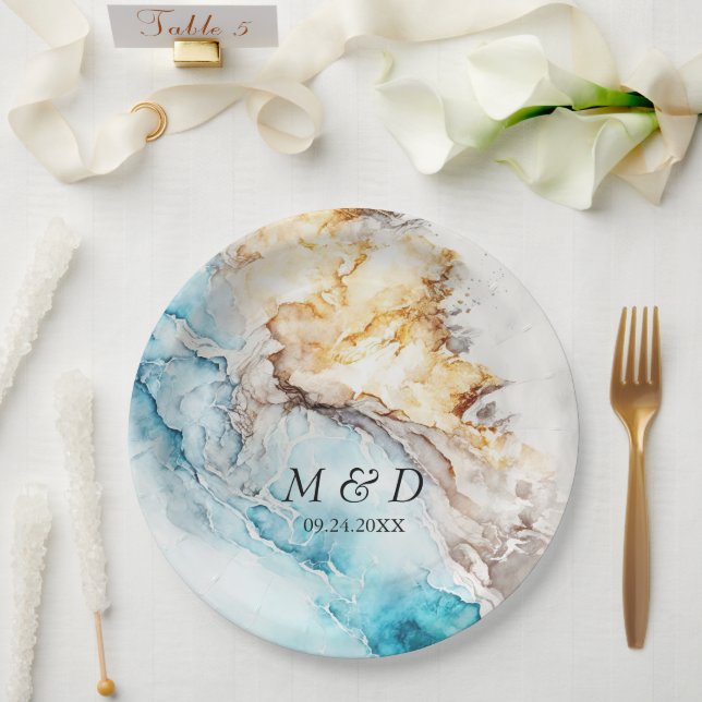 Luxury Blue And Gold Marble Wedding  Paper Plates (Wedding)