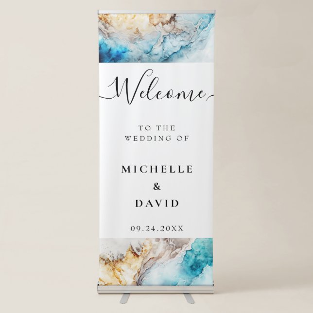 Luxury Blue And Gold Marble Wedding Welcome Retractable Banner (Front)