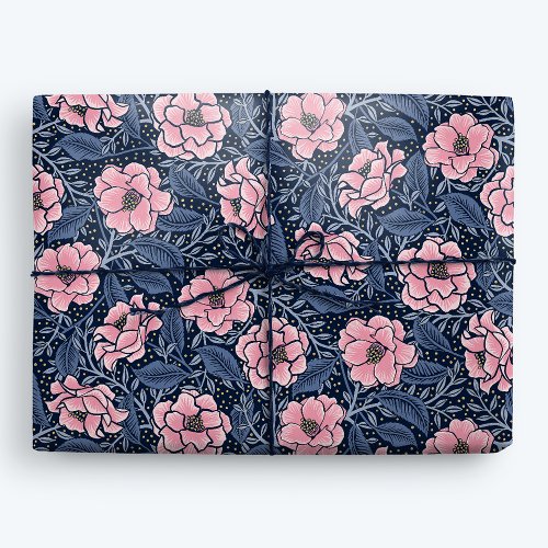 Luxury Blue and Pink Camellia Yours Truly Floral Wrapping Paper