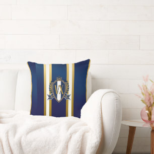 Luxury Blue and White Monogrammed Crest Decorative Throw Pillow
