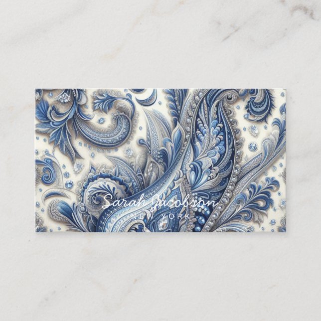 Luxury Blue and White Paisley Business Card (Front)