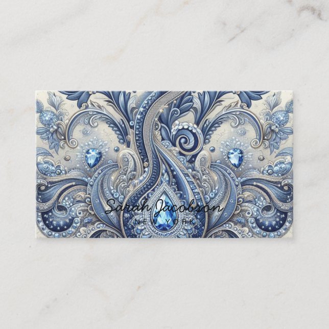 Luxury Blue and White Paisley Diamond Business Card (Front)
