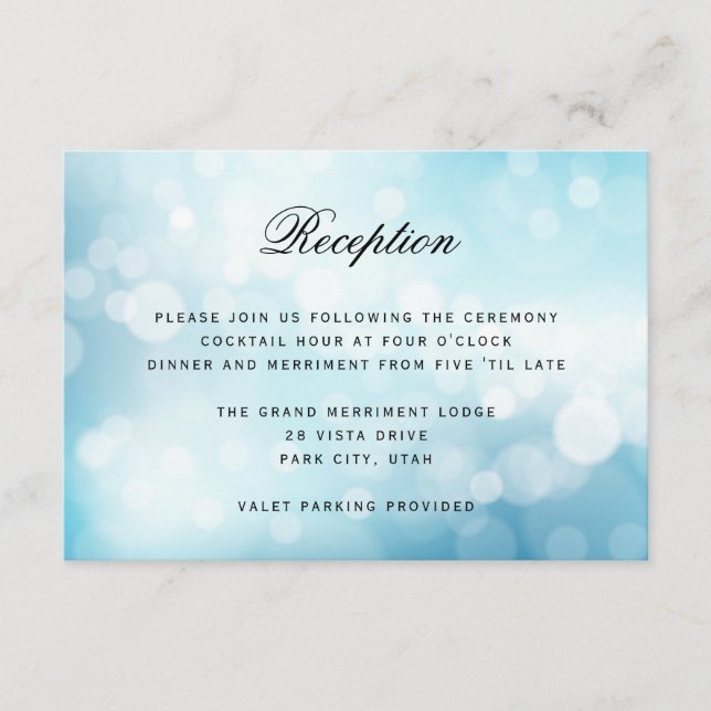 Luxury Blue Bokeh Glitter Light WEDDING RECEPTION Enclosure Card (Front)
