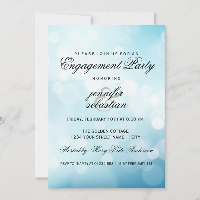 Luxury Blue Bokeh Light Chic Engagement Party Invitation (Front)