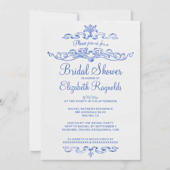 Luxury Blue Bridal Shower Invitations (Front)