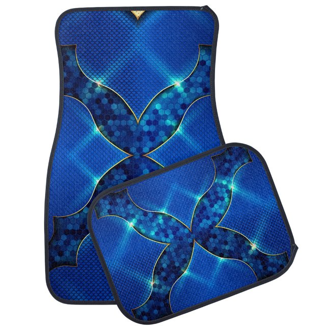 Luxury Blue Car Floor Mat (Two blue car mats with a pattern of scales and hexagons, divided by golden lines.)