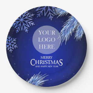 Luxury Blue Company Christmas Logo Paper Plates