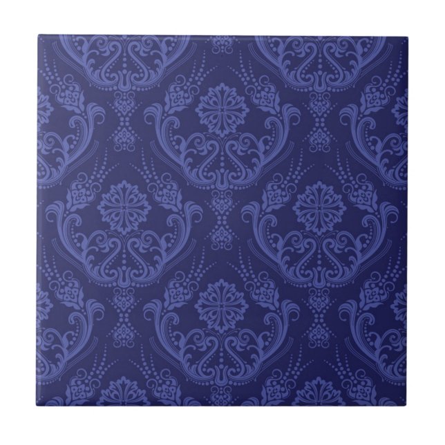 Luxury blue floral damask wallpaper ceramic tile (Front)