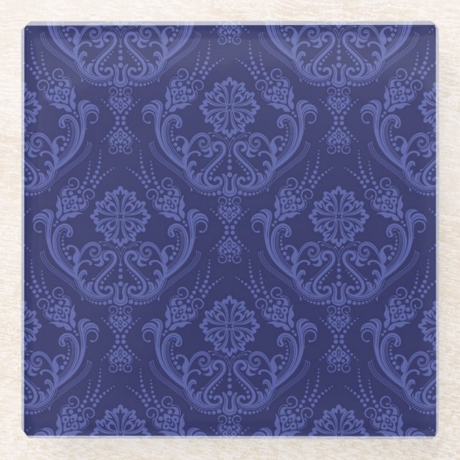 Luxury blue floral damask wallpaper glass coaster (Front)