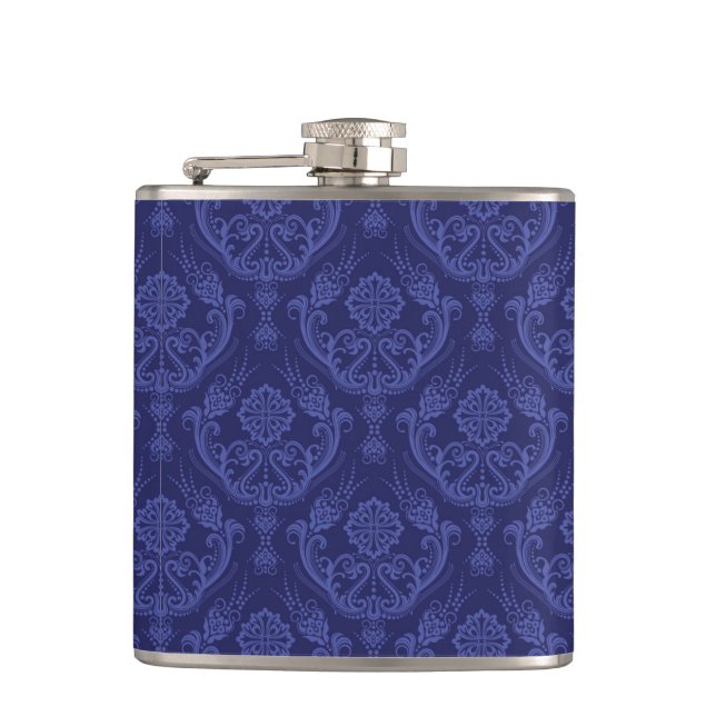 Luxury blue floral damask wallpaper hip flask (Front)