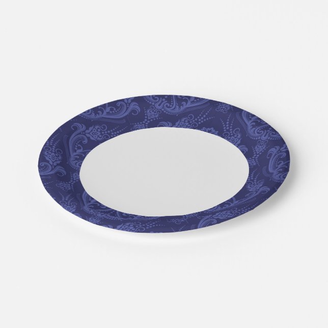 Luxury blue floral damask wallpaper paper plates (Angled)