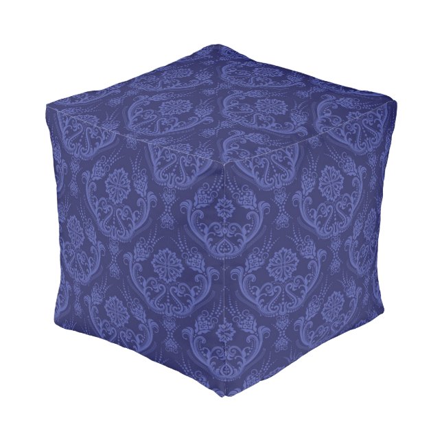 Luxury blue floral damask wallpaper pouf (Angled Front)