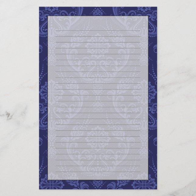 Luxury blue floral damask wallpaper stationery (Front)