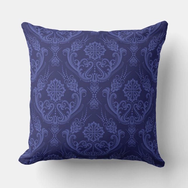 Luxury blue floral damask wallpaper throw pillow (Front)