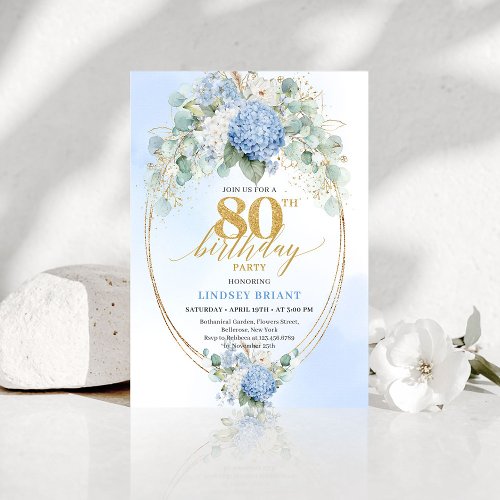 Luxury Blue Floral Eucalyptus 80th Birthday Invite
