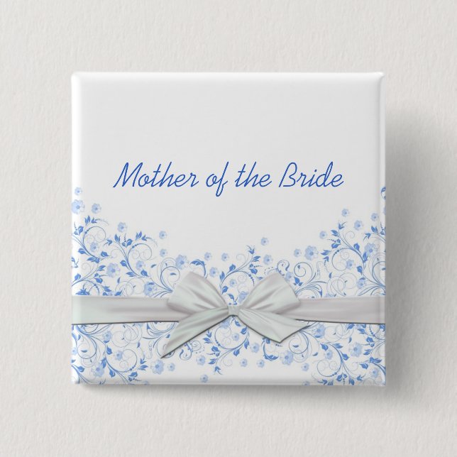 Luxury Blue Floral Swirls Ribbon Button (Front)