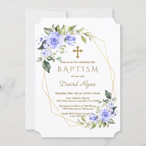 Luxury Blue Flowers Gold Cross Boy Baptism Invitation