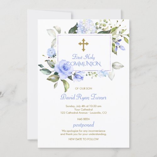 Luxury Blue Flowers Gold First Holy Communion Invitation