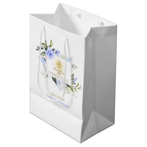 Luxury Blue Flowers Gold First Holy Communion Medium Gift Bag