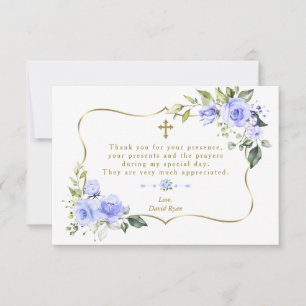 Luxury Blue Flowers Gold Frame Boy Baptism Thank You Card