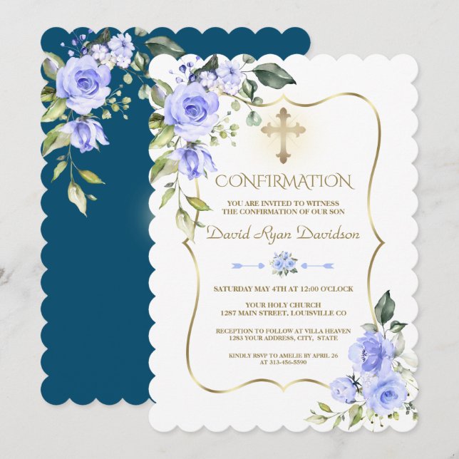 Luxury Blue Flowers Gold Frame Boy Confirmation Invitation (Front/Back)