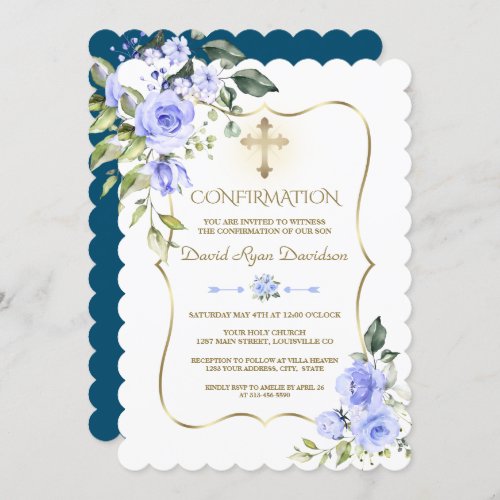 Luxury Blue Flowers Gold Frame Boy Confirmation Invitation