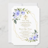 Luxury Blue Flowers Gold Frame Holy Communion Invitation | Zazzle