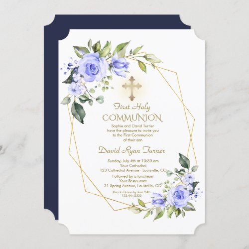 Luxury Blue Flowers Gold Frame Holy Communion Invitation
